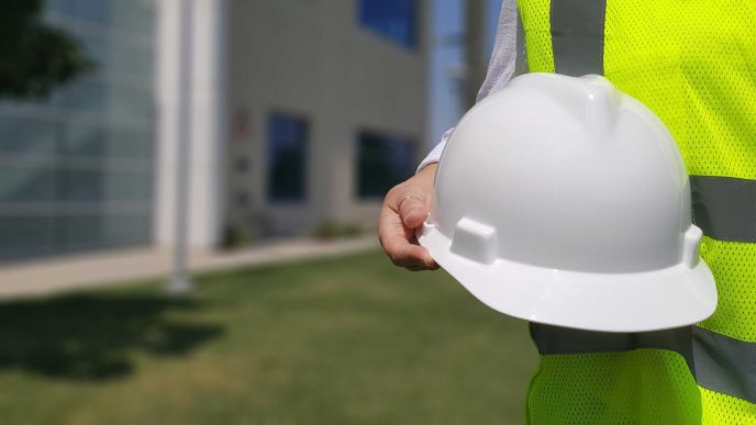 A closeup of someone in a hi-vis jacket holding a hard hat - Retrofit West Trusted Trades