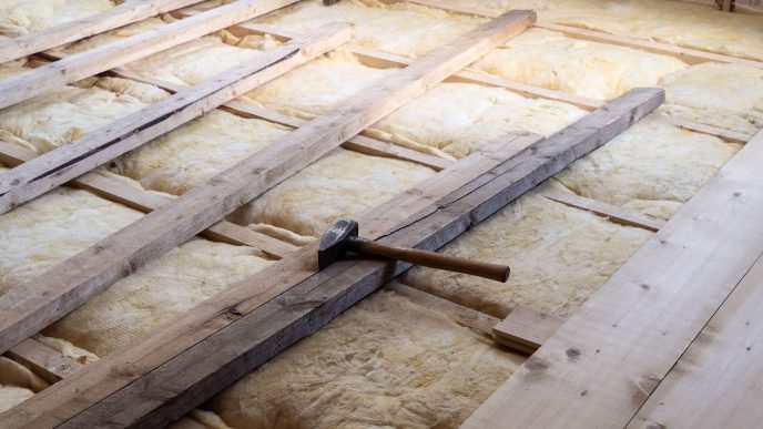 Laying wooden plank flooring on top of glass wool for warm insulation, with carpenter hammer