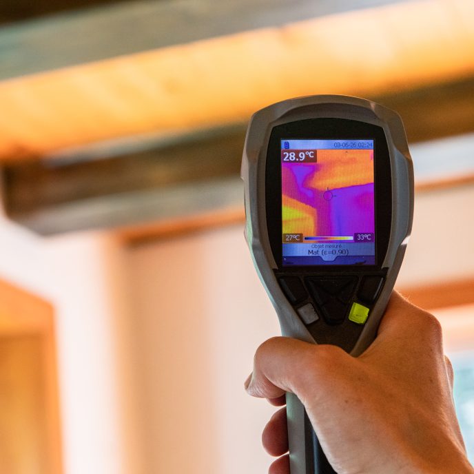 A thermal imaging camera help up in a building - showing the cold and hot spots in the home