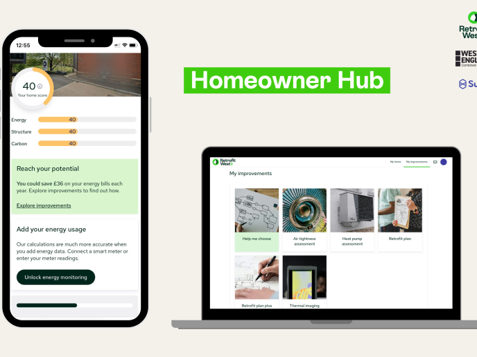 Graphic with the Homeowner hub displayed on a laptop and mobile phone