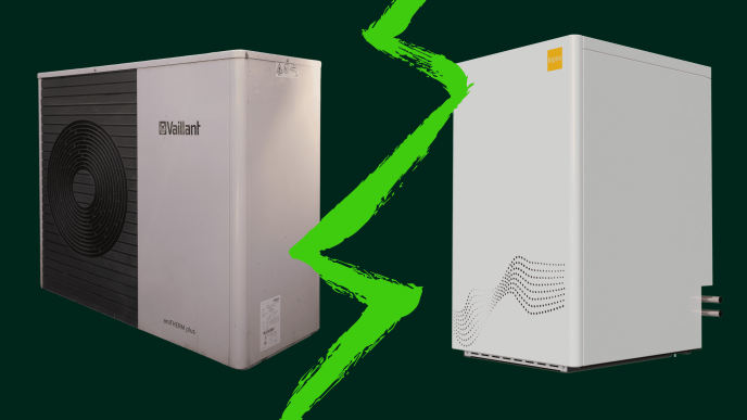 Vaillant heat pump on left, zero emissions boiler on right. Green lighting bolt down the middle.