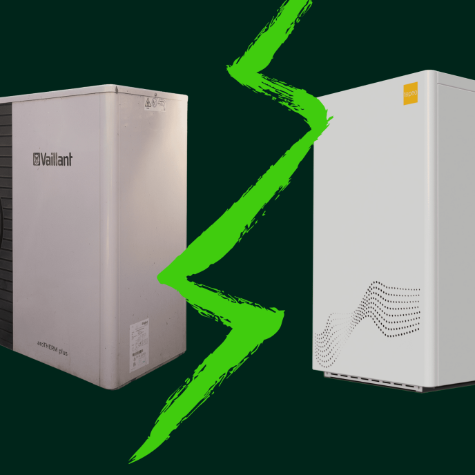 Vaillant heat pump on left, zero emissions boiler on right. Green lighting bolt down the middle.