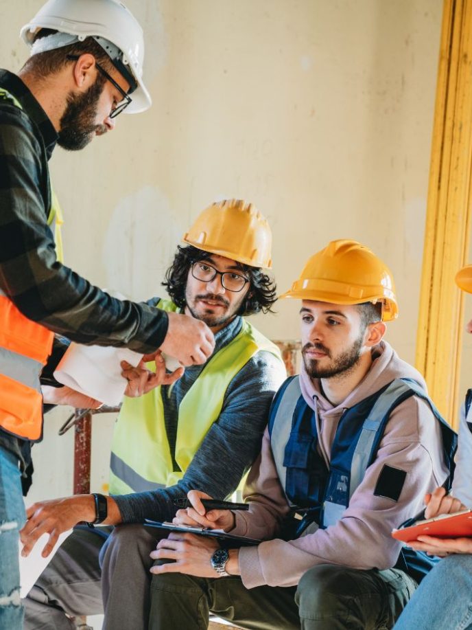 Construction workers in hard hats, looking at and discussing an item